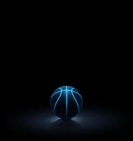 Representación 3d de un solo baloncesto negro con líneas de neón brillantes azules que se sientan en un entorno completamente negro foto
