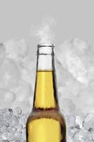 botella de cerveza fría y húmeda abierta con humo sobre fondo de cubitos de hielo. renderizado 3d foto