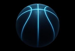 3D rendering of single black basketball with bright blue glowing neon lines sitting in completely black surroundings photo