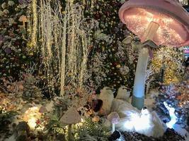 Christmas spirit , fly agaric with no photoshop standing under a big three that is decorated with christmas lights photo