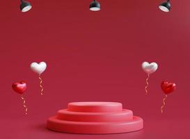 3d render rojo podio de san valentín con globo de amor y luz foto