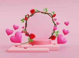 3d render amor podio de san valentín con flor foto