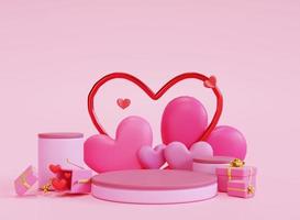 3d render amor podio de san valentín con caja de regalo foto