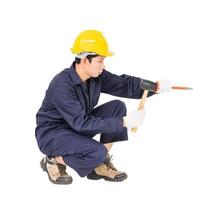 Man hold hammer and cold chisel on white photo