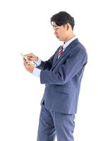 Business men portrait holding phone isolated on white photo