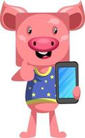 Piggy with selfphone, illustration, vector on white background.