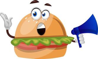 Burger with megaphone, illustration, vector on white background.