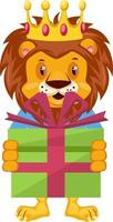 Lion with birthday present, illustration, vector on white background.