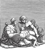 Man and Woman with Two Children, Adamo Scultori, after Michelangelo, 1585, vintage illustration. vector