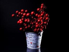 aluminum ice bucket laid in wait for use. stainless multi-colored bucket with red viburnum rowan photo