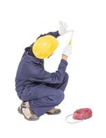 Electrician with bunch of wires invisible wall photo