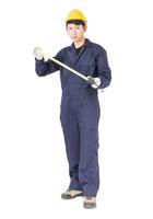 Young worker in unifrom with tape measure on white photo