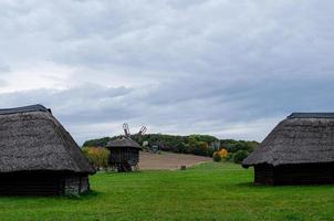 Ancient wooden beehives in old rural apiary photo