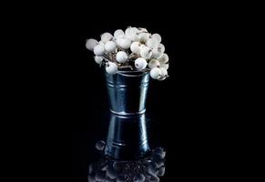 aluminum ice bucket laid in wait for use. stainless multi-colored bucket with white berries in ice photo