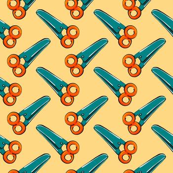 tijeras naranjas, patrón sin costuras sobre fondo amarillo. vector