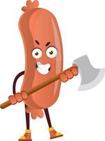 Sausage with axe, illustration, vector on white background.