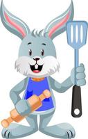 Bunny with rolling pin, illustration, vector on white background.