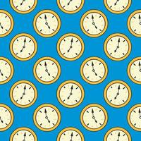 Yellow clock, seamless pattern on blue background. vector