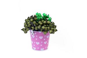 aluminum ice bucket laid in wait for use. stainless multi-colored bucket with red apples with white green blue berries in ice photo