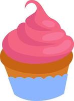 Chocolate cupcake with a pink whipped cream, illustration, vector on a white background.