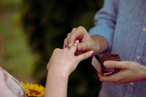 Bride and groom exchange rings at the wedding. photo