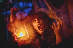 Witch With Lighted Lantern In Magic Fog photo