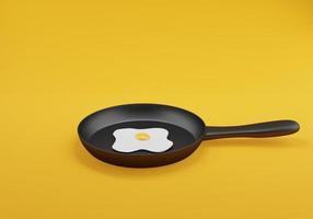 Fried egg or omelette on a black pan with minimal foods isolated on yellow background. breakfast cooking for healthy white egg yolk 3D rendering illustration concept. photo