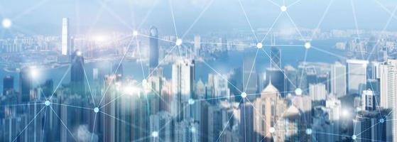 Networking fast wireless internet concept iot network telecommunication 5g website header double exposure city skyline view. photo