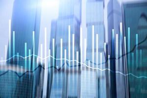 Double exposure Economics growth diagrams on blurred background. Business and investment concept. photo