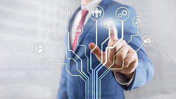 Business applications icons on blurred background. Financial and trading. Internet technology concept. photo