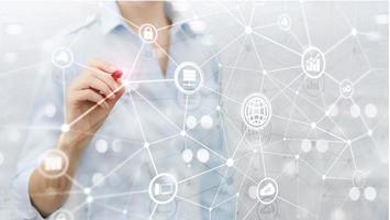 ICT - information and telecommunication technology and IOT - internet of things concepts. Diagrams with icons on server room backgrounds. photo