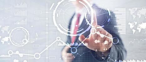 Business interface mixed media double exposure financial chart graph diagram and icon on virtual screen. Innovation concept photo