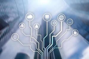 Telecommunication and IOT concept on blurred business center background photo