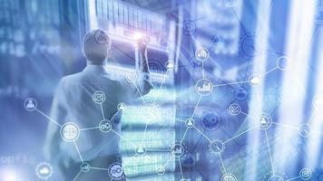 Double exposure Business organization structure on blurred background photo
