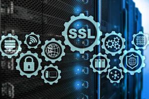 SSL Secure Sockets Layer concept. Cryptographic protocols provide secured communications. Server room background. photo