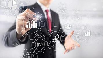 Business process abstract diagram with gears and icons. Workflow and automation technology concept. photo