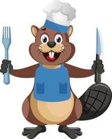 Beaver with fork and knife, illustration, vector on white background.