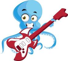 Octopus playing guitar, illustration, vector on white background.