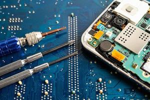 Repairing and upgrade mobile phone, electronic, computer hardware and technology concept. photo