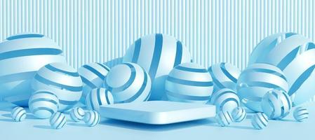 Podium with decorative blue balls on blue background. Stand to show products. Stage showcase with copy space. Pedestal display. Banner size. Website cover template. 3D rendering. photo