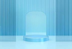 Blue cylinder podium with decorative objects on blue background. Stand to show products. Stage showcase with copy space. Pedestal display.  3D rendering.
