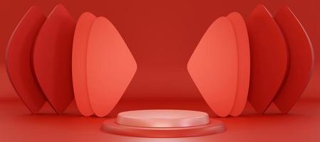 Podium with abstract red decorative objects. Stand to show products with copy space. Red pedestal in futuristic scene. Banner size. Website cover template. 3D rendering. photo