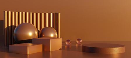Podiums with abstract decorative objects. Stand to show products with copy space. Bronze pedestal in futuristic scene. Banner size. Website cover template. 3D rendering. photo