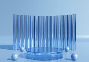 podio de cilindro azul transparente con objetos decorativos sobre fondo azul. stand para mostrar productos. escaparate de escenario con espacio de copia. pantalla de pedestal. representación 3d foto