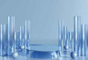 Transparent blue cylinder podium with decorative objects on blue background. Stand to show products. Stage showcase with copy space. Pedestal display.  3D rendering.