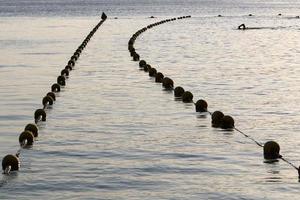 Hemp rope with buoys on the city beach photo