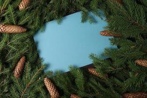 Merry Christmas and Happy Holidays greeting card, frame, banner. New Year. Pine tree branches on white. photo