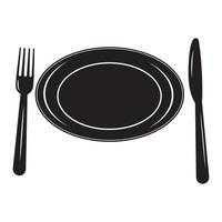 tenedor de cubiertos y cuchillo y plato, ilustración vectorial aislada, icono de plantilla negra vector
