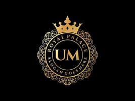 Letter UM Antique royal luxury victorian logo with ornamental frame. vector