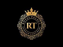 Letter RT Antique royal luxury victorian logo with ornamental frame. vector